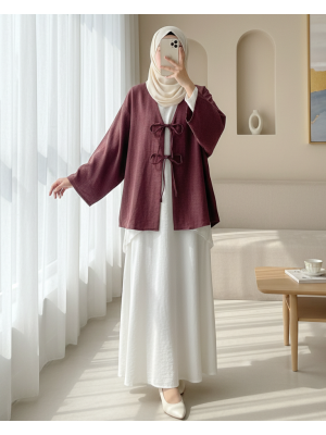 Önü Bağcıklı Keten Kimono    -Bordo