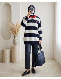 Gömlek Yaka Düğmeli Kalp Nakışlı Triko Tunik -Laci