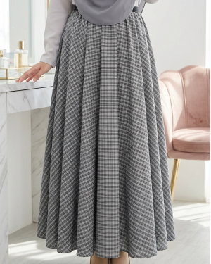 Plaid Patterned 360 Degree Skirt with Elastic Waistband -Grey
