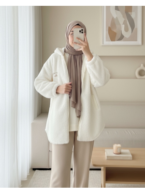 Kapşonlu Fermuarlı Kanguru Cepli Astarlı Peluş Mont -Ekru