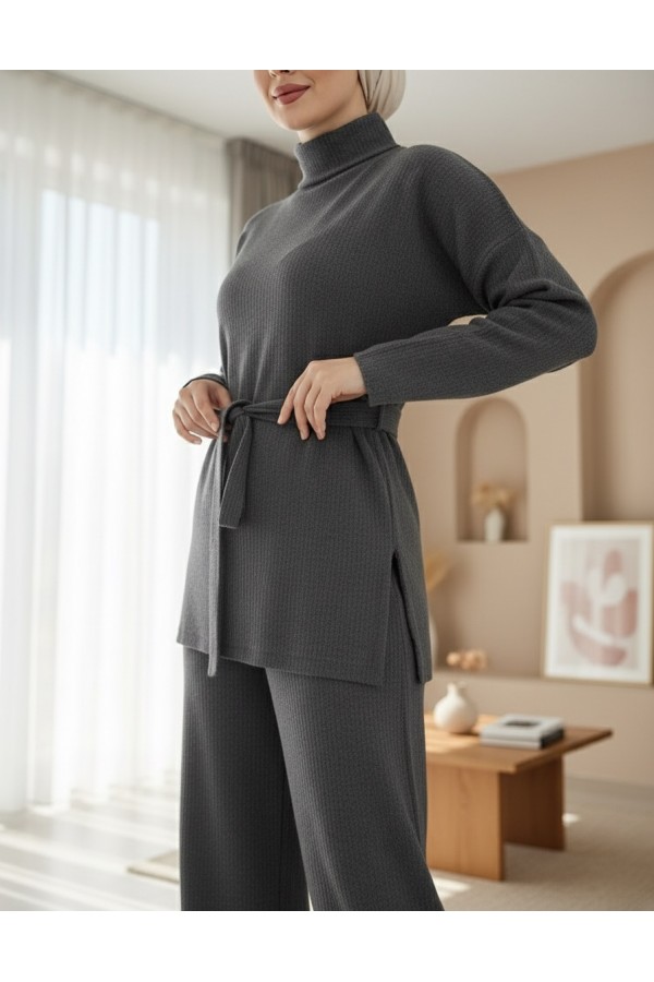 Half Turtleneck Belted Corduroy Suit -Smoked 