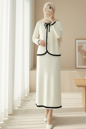 Bağcık Detaylı Şeritli Düğmeli Etekli Triko Takım -Krem