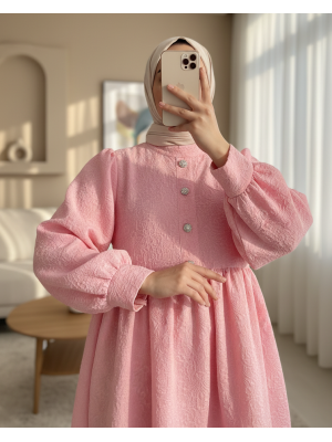 Önü Taşlı Düğme Detaylı Parçalı Arkası Fermuarlı Tunik -Pembe