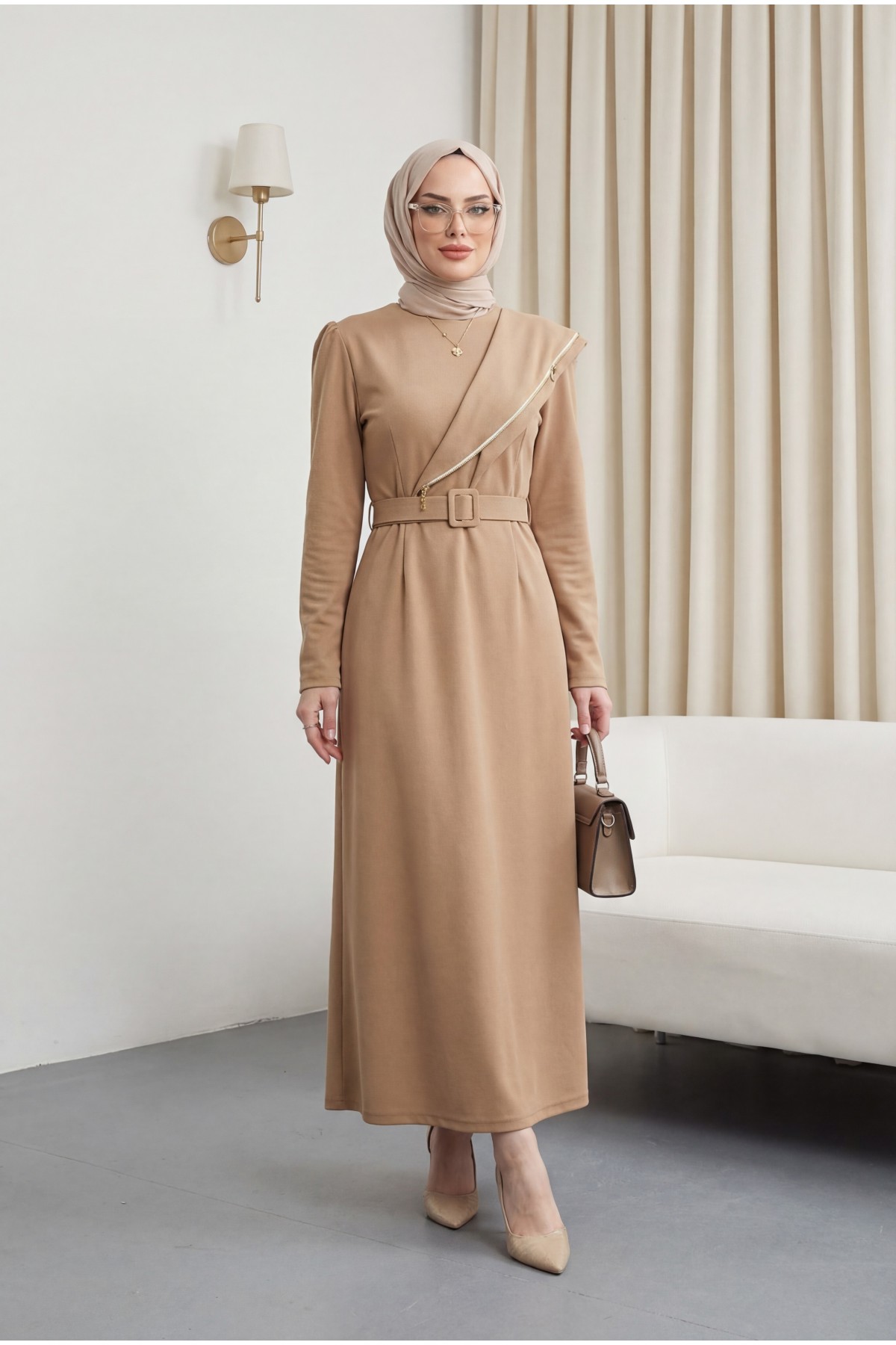 Stone embroidered Belted Crepe Dress -Mink color
