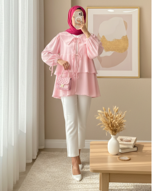 Peter Pan Collar Kimono with Tied Front and Layered Skirt -Pink