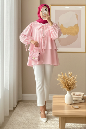 Bebe Yaka Önü Bağcıklı Eteği Katlı Kimono -Pembe