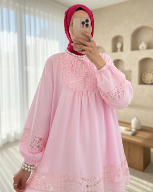 Dantel Detaylı Yakası Bağlamalı Kolu Lastikli Gömlek -Pembe