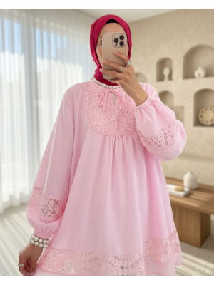 Lace Detailed Tied Collar Elastic Sleeve Shirt -Pink