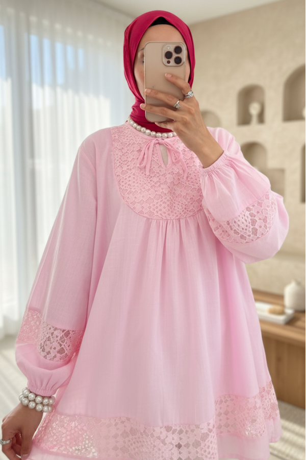 Dantel Detaylı Yakası Bağlamalı Kolu Lastikli Gömlek -Pembe