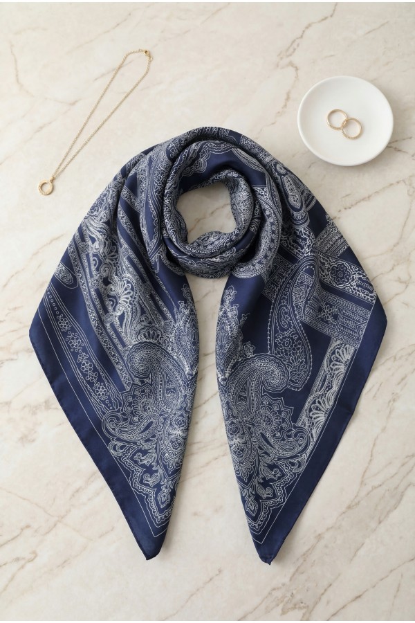 Sketch Patterned Rayon Scarf -Navy blue