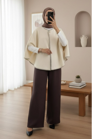 Çoban Dikişli Cepli Kaşe Panço -Bej