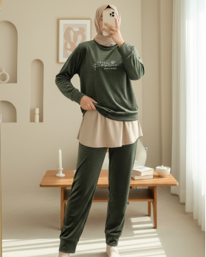 French Velvet Pajama Set with Embossed Text -Khaki
