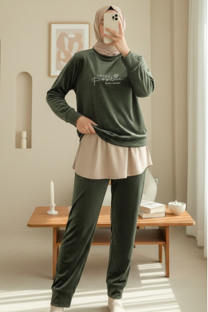 Kabartma Yazılı Fransız Kadife Pijama Takımı -Haki