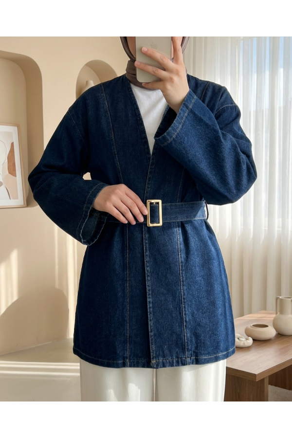Denim Kimono with Waist Belt -Navy blue