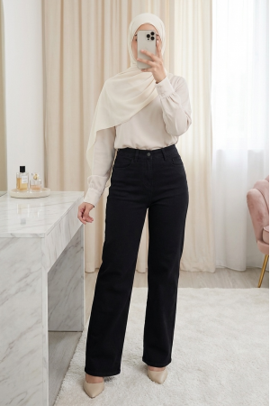 Palazzo Jeans with Pockets and Zipper -Black