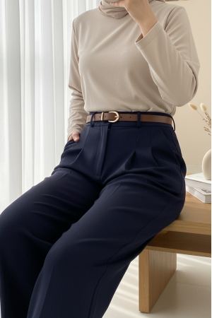 Pleated Pocket Belted Ankle Trousers -Navy blue