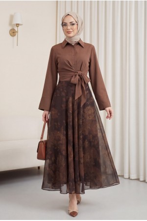 Side Zipper Patterned Lined Chiffon Skirt  -Khaki