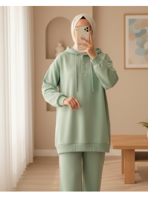 Snap Collar Hooded Raised Three Thread Sweater  -Sea green