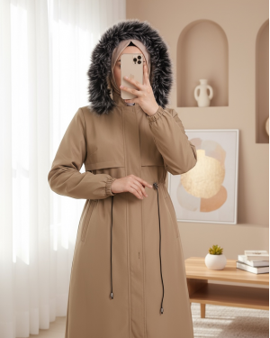 Çıkma Kapşonlu Tünel Bağcıklı Bondit Kaban -Açık Vizon