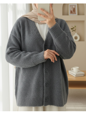 Düğmeli Salaş Triko Hırka -Füme