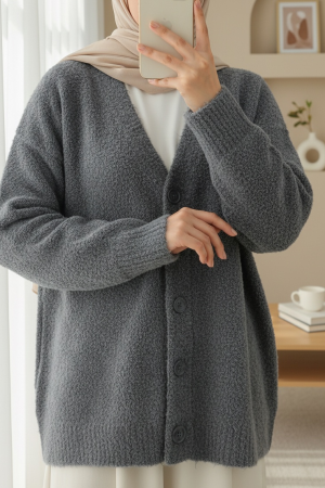 Düğmeli Salaş Triko Hırka -Füme