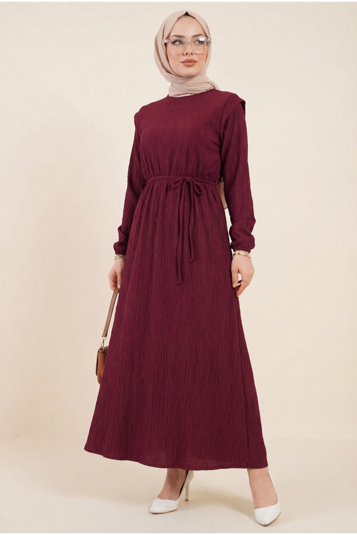 Shoulder Padded Laced Crepe Dress -Maroon
