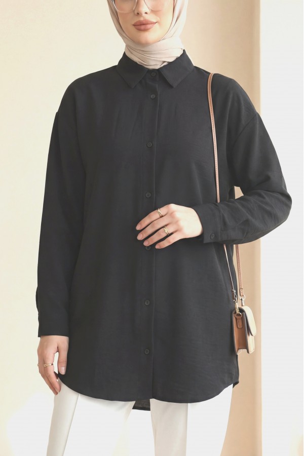 Oval Cut Button-Down Shirt -Black