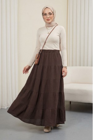 تنورة من قماش الموسلين المرقع بحزام خصر مطاطي -بنى