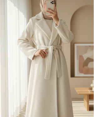 Beli Bağlamalı Astarlı Cepli Sakallı Kaban -Krem