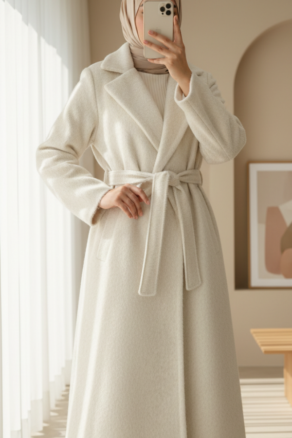 Tied Waist Lined Pocket Bearded Coat -Cream color