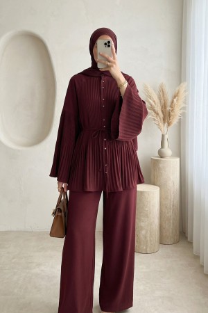 Piliseli Hakim Yaka Düğmeli Krep Takım -Bordo