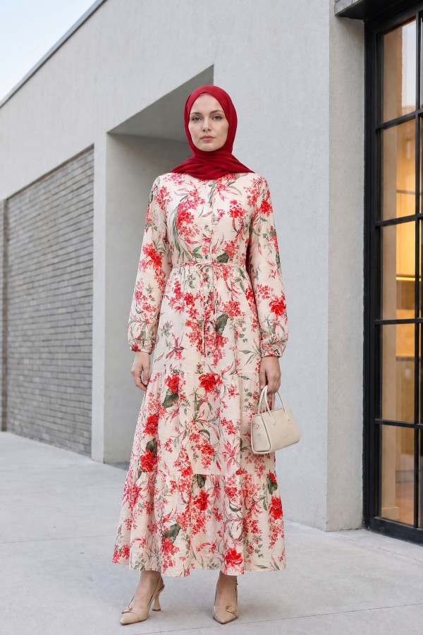 Mandarin Collar Half-Button Mixed Patterned Polycotton Dress with Elasticated Sleeves -Garnet Color