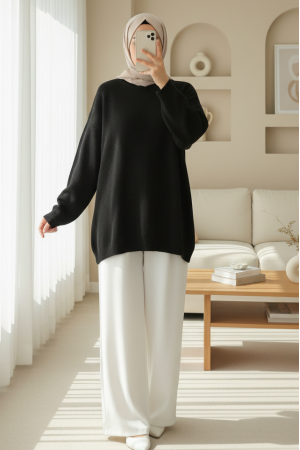 Round  Neck Loose Knit Sweater -Black