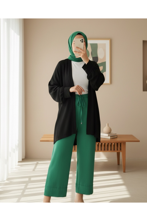 Bağcık Detaylı Double Paça Dikişli Pantolon   -Yeşil