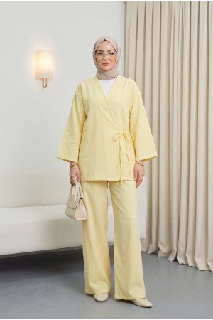 Front Tie Trouser Kimono Set         -Light yellow