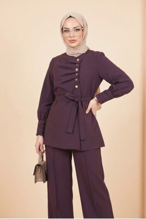 Kolu Ve Önü Katlama Detaylı Beli Kemerli Yarım Düğmeli Cupra Takım  -Mürdüm