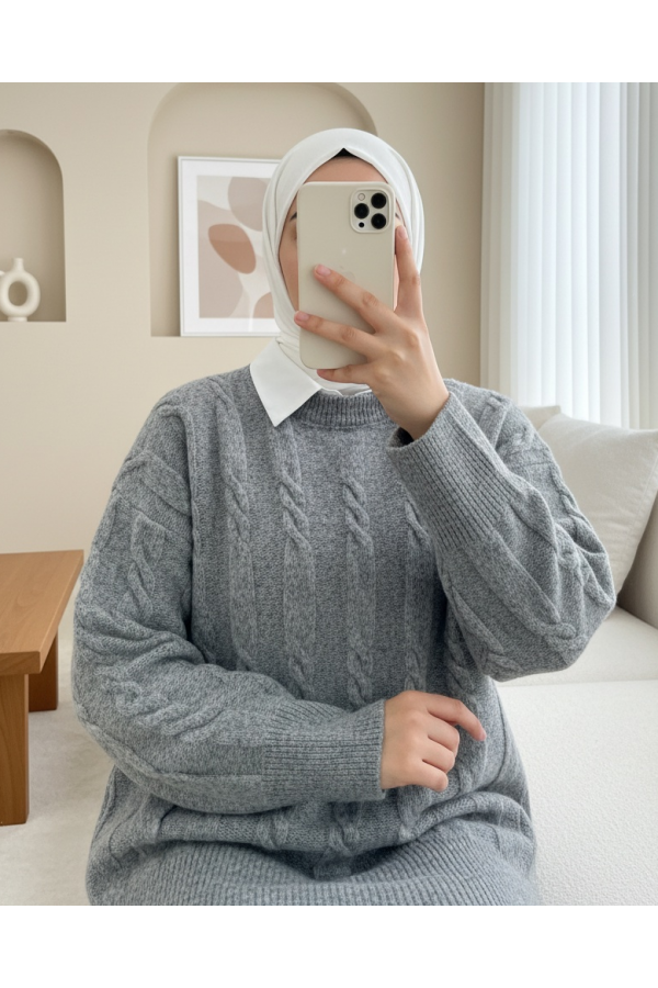 Soft Knitted Sweater with Embossed Pattern -Grey