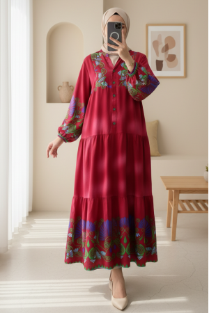 Dik Yaka Yarım Düğmeli Kolu Lastikli Desenli Elbise -Pembe