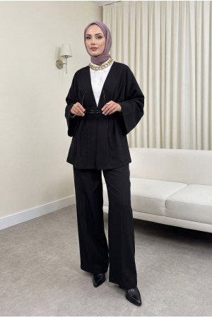 Kemerli Pantolonlu Kimono Takım  -Siyah