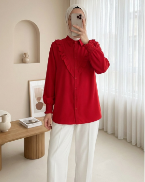 20223 Fırfırlı Uzun Kol Gömlek - Kırmızı