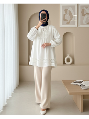 Dantel Detaylı Yakası Bağlamalı Kolu Lastikli Gömlek  -Beyaz