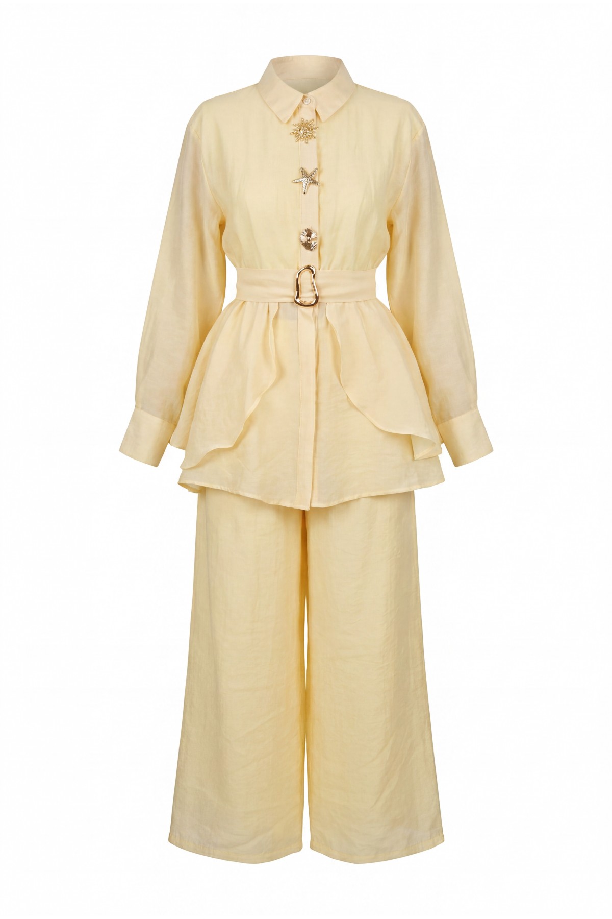 Cupra Suit with Elastic Waist, Belt, Pockets, and Lined Trousers -Yellow