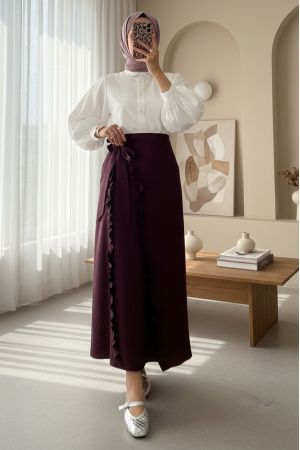 Beli Bağlamalı Çift Kat Yırtmaçlı Fırfırlı Etek -Mürdüm