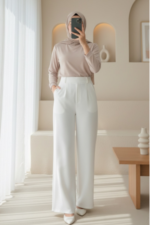 Beli Cırtcırt Detay Boru Paça Kumaş Pantalon  -Beyaz