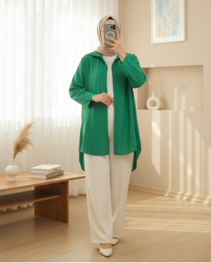 Poplin Shirt with Long Back Buttons -Green