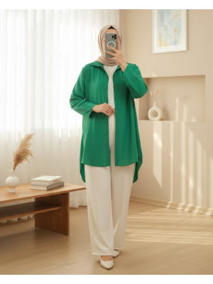 Arkası Uzun Düğmeli Poplin Gömlek -Yeşil