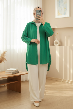 Arkası Uzun Düğmeli Poplin Gömlek -Yeşil