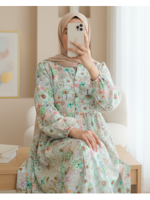 Half Buttoned Elastic Sleeve Floral Printed Dress   -Green