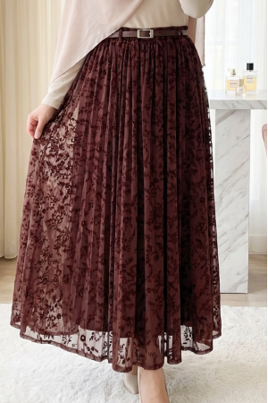 Lined, Belted, Embossed Organza Skirt -Dark Bordo