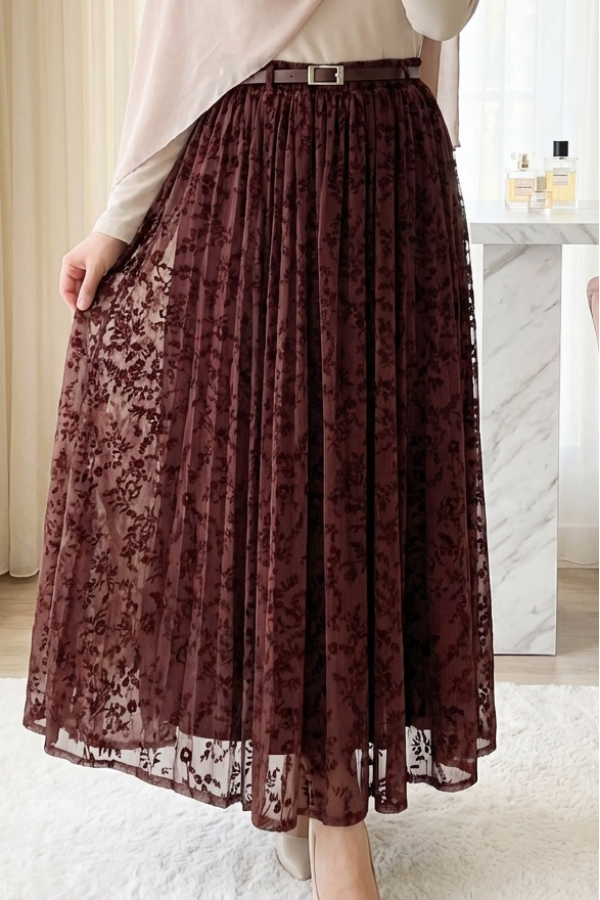 Astarlı Kemerli Kabartma Desenli Organze Etek -K. Bordo